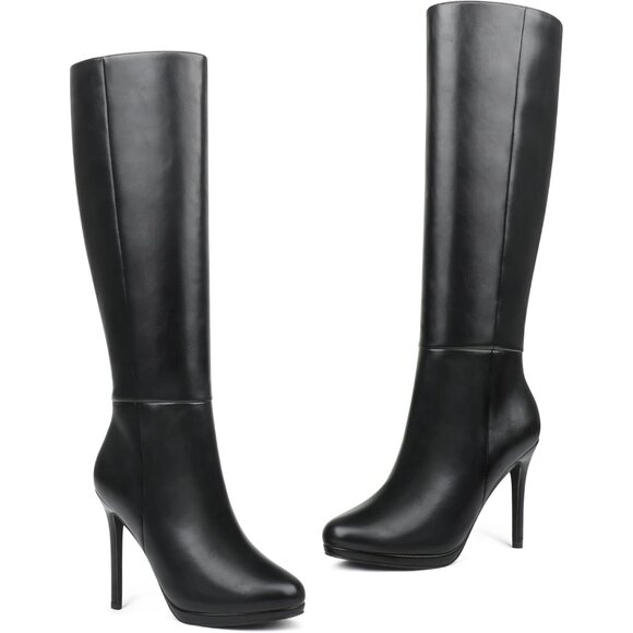 Women's Black Rubber Stiletto Knee High Boots Platform Side Zipper Long Boots - Picture 2 of 9